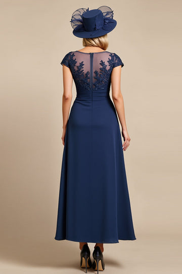 Navy Cap Sleeve A Line Mother Of The Bride Dress With Appliques